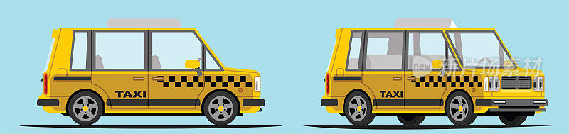 现代黄色出租车，侧视图和3/4视图